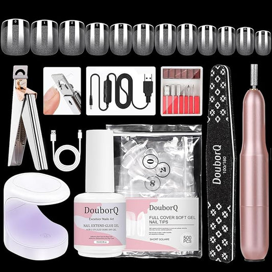 Major Dijit Gel Nail Kit - Beginner Gel Nail Set with Nail Drill, 0.5oz 4-in-1 Nail Glue, 500PCS Short Square Nail Tips, UV Lamp for Nail Extension & Art