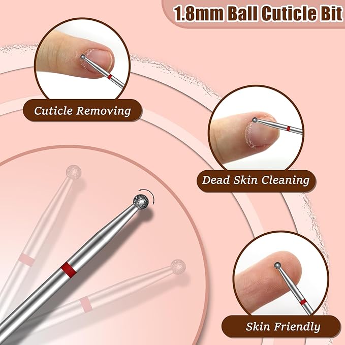 1.8mm Ball Shape Cuticle Clean Nail Drill Bit 3/32'', Professional Safety Carbide Diamond Under Nail Cleaner for Sidewall Dead Skin Cleaning Nail Prepare, Manicure Pedicure Shape Remove Tools, Fine