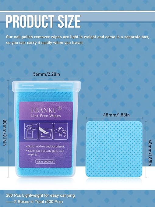 400PCS Lint Free Nail Wipes Glue Wipes Lash Extensions EBANKU Soft Blue Lash Glue Nail Polish Remover Cotton Pads Eyelash Extension Supplies