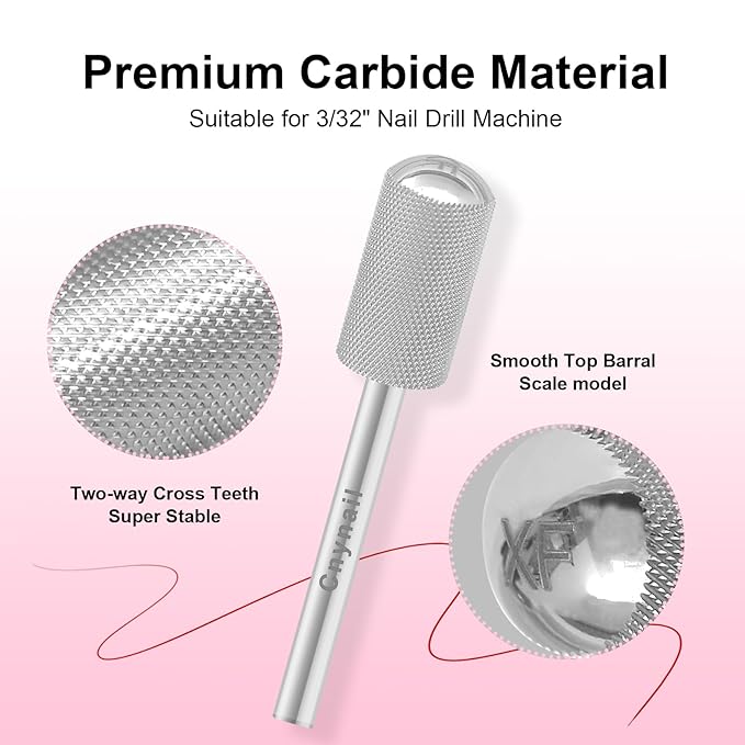 3/32" Large Barrel Smooth Round Top Tungsten Carbide Nail Drill Bit Safety Bit for Gel & Acrylic Removal, 2-Way Rotating Efile Tip, Salon Electric File Accessory (XF Grit, Silver)