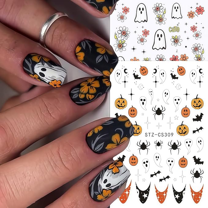 6 Sheets Ghost Nail Stickers for Nail Art, Halloween Nail Decals 3D Self-Adhesive Flower and Spooky Ghost Fall Stickers Design French Tip Nails Sticker Halloween DIY Manicure Decoration for Women