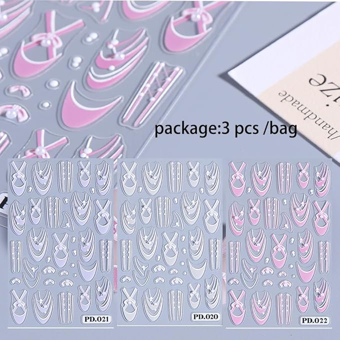 3 Sheets French Bow Nail Stickers for Nail Art, 3D Self-Adhesive Pink Purple Bow French Nail Decals, French Nail Supplies Nail Art Designs Accessories for Women and Girls Manicure DIY Decoration