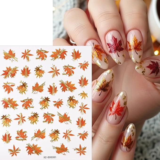 6 Sheets Thanksgiving Day Nail Stickers for Nails Art Fall Nail Decals Self-Adhesive Maple Leaf Nails Art Design Supplies Sticker Acrylic Manicure Tips Decoration Stickers for Women Autumn Nails DIY