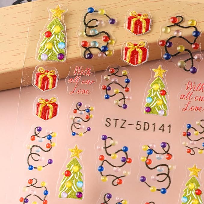 Christmas Nail Art Stickers 5D Embossed Light String Nail Decals with Xmas Tree Gifts Design Color Light Nail Stickers Acrylic Nail Supplies for Women DIY Christmas Decorations 2 Sheets
