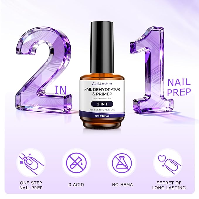 4Pcs 15ml Nail Dehydrator and Primer 2-in-One with Gel Base and Top Coat Set, Cuticle Oil and Nail File, Acid-Free No Wipe Essentials for Shiny & Long-Lasting Natural Manicure