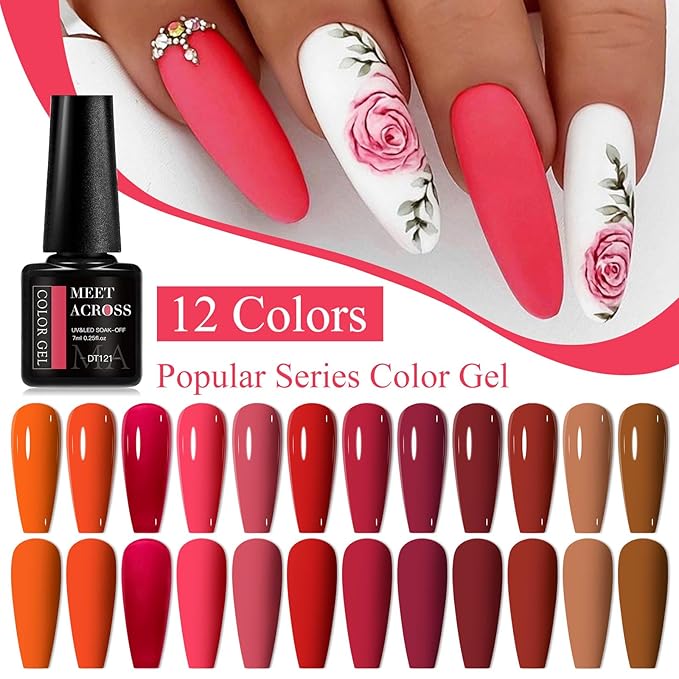 MEET ACROSS 12PCS Gel Nail Polish Set, 12 Colors Gel Nail Kit Art Design Soak Off UV LED,Nail Art Design Gifts for Women (SET-4, 12PCS)