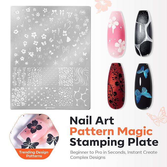 modelones 16 PCS Gel Nail Polish Stamping Plate Set, French Tip Tool Stamper & Scraper, Gold Silver Pearl Chrome Powder Proof Matte Top Coat 2 Colors Painting Gel for Nail Art Fall Manicure Gift Kit