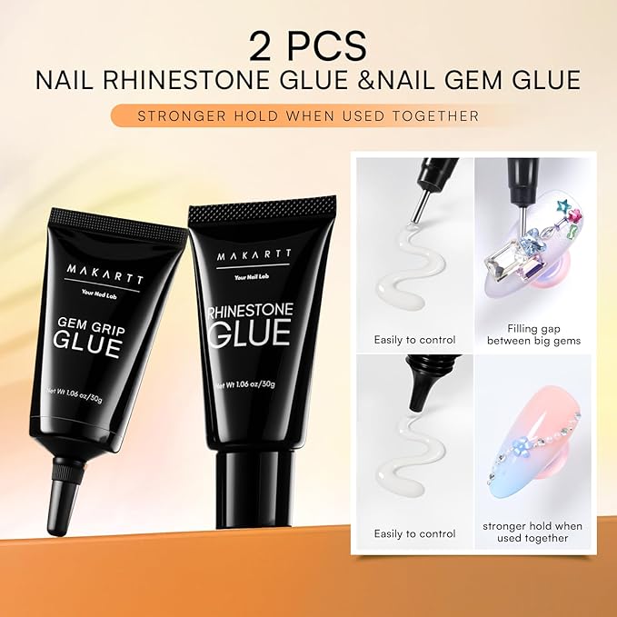 Makartt Nail Rhinestone Glue Gel Set: 60g 3D Super Strong No Wipe Nail Glue for Charms Gems Crystals Beads Decorations DIY Beginners & Salon UV Lamp Needed (2PCS Low & Medium Viscosity)
