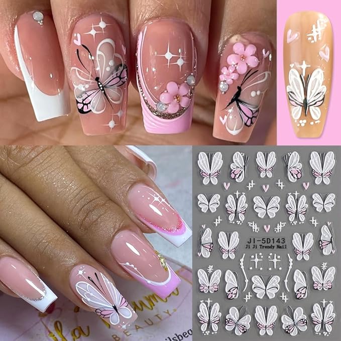 5D Embossed Butterfly Nail Stickers, 3 Sheets Self-Adhesive Nail Decals White Pink Purple Butterfly Daisy Flowers Designs Nail Decorations DIY Manicure Supplies for Women Girls&Kids