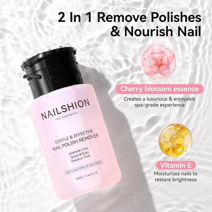 Non-acetone Nail Polish Remover, Cherry Blossom Scent, 3-5s Quick Remove Air Dry Nail Polish, VE Nourish No Drying Out, Refillable One-handed Pump Dispenser, 5.46 Fl oz