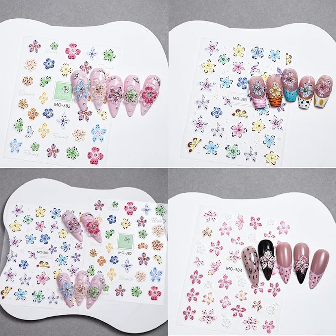 3 Sheets Embossed Flower Nail Stickers for Art - Colorful Floral 5D Self-Adhesive Autumn Flowers Decoration Supplies - Leopard Designs Decals for Women Girls