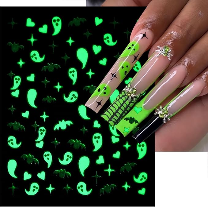 6 Sheets Halloween Glow in The Dark Nail Art Stickers 3D Self-Adhesive Luminous Ghost Nail Stickers Halloween Scary Ghost Skull Spider Bat Fluorescent Designs Nail Decals for Women Nail Decoration