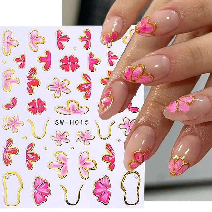 Flower Nail Art Stickers Decals,Colorful Petal Gold Line Nail Stickers for Nail Art Pink Floral Plant Nail Design Flowers Sticker for Nails Spring Manicure DIY for Women Nail Decor Accessories 4PCS