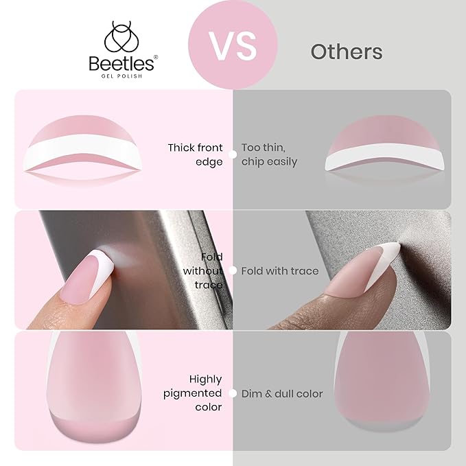 Beetles X Press Plus French Tip Nails - Camellia French | Pink Short Square Press On Nails | 16 Sizes 224 Pcs Natural Salon Quality Gel Nail Tips