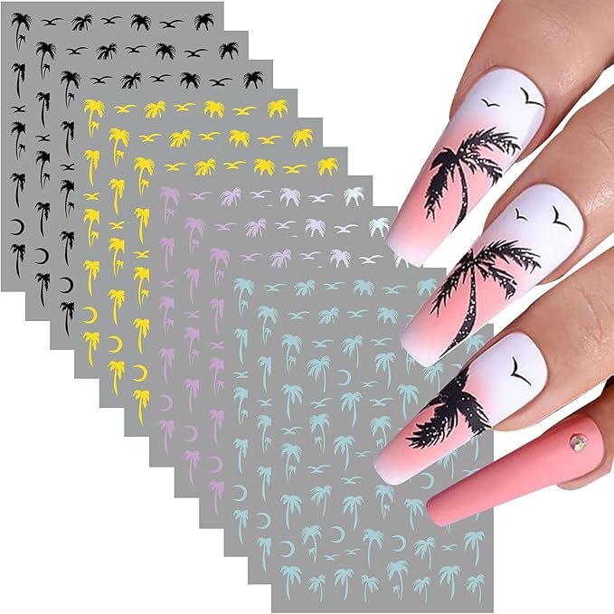 12 Sheets Palm Tree Nail Art Stickers, Holographic Black Gold Beach Theme Decals, Self-Adhesive 3D Tropical Seagulls Design for Summer Nail Decoration