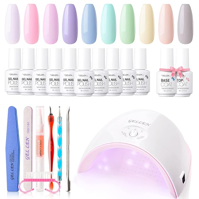 Gellen 10 Colors Gel Nail Polish Starter Kit With UV/LED Light, 24W UV Nail Lamp, Pastel Pink Blue Green Gel Base Top Coat Nail Art Design Tools, All-In-One Gift Set, Salon/Home DIY Gel Manicure Kit