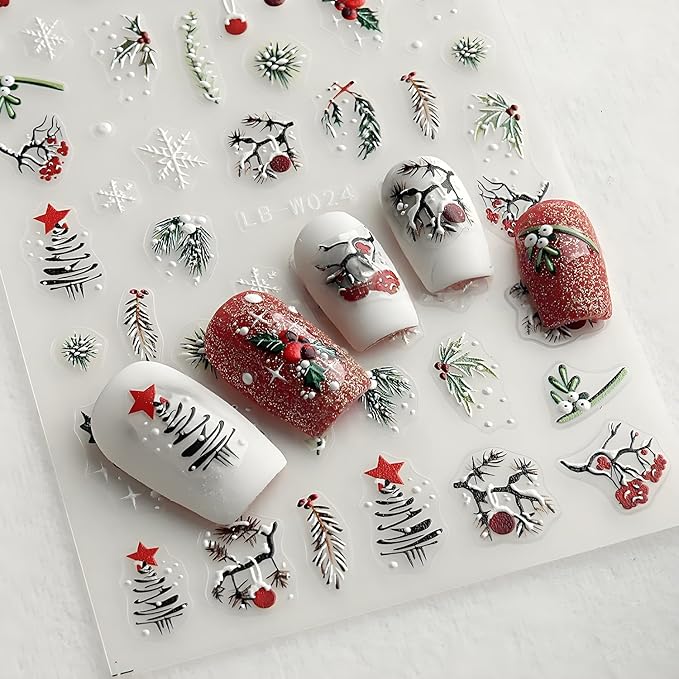 Christmas Nail Art Stickers Holly Leaf Snowflakes Nail Stickers 4PCS 5D Embossed Xmas Nail Decals Christmas Tree String Light Star Candy Cane Xmas Nails Art Design Supplies Adhesive Sliders for Women