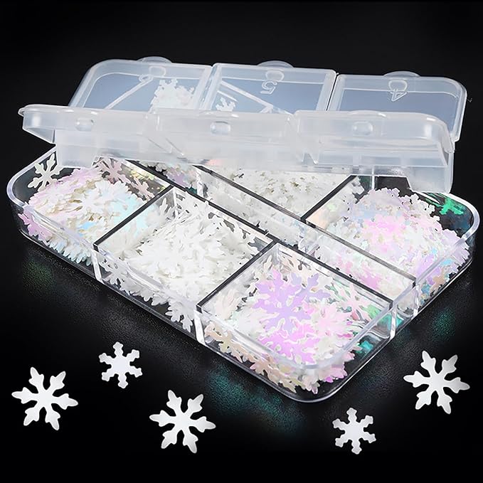 Christmas Smowflake Glitter Sequins Nail Accessories Winter White Snowflake Glitter Manicure Mix Colors Nail Art Glitter Flakes, 3D Nails Supplies Jewelry Studs Nail Decoration for Women Featival
