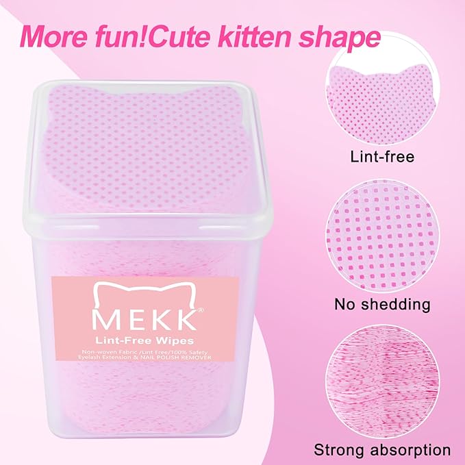 MEKK Lint Free Nail Wipes,400PCS Cat Shape Nail Polish Remover Wipes,Super Absorbent Soft Non-Woven Fabric Lash Glue Wipes,Cleaning Pad Cloth for Lash Extension & Nail Polish Bottle(PINK)
