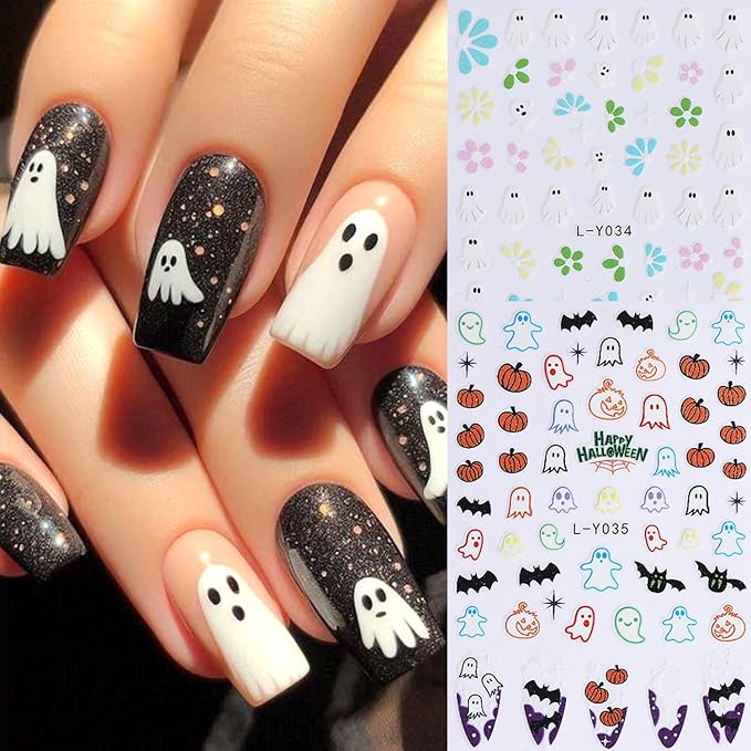 3Sheets Halloween Nail Art Stickers 3D Self-Adhesive Skeleton Hand Bones Nail Decals for Acrylic Nails Cute Ghost Flowers Designs Nail Stickers Pumpkin Bat Nail Decal for Women Nails Decor Supplies