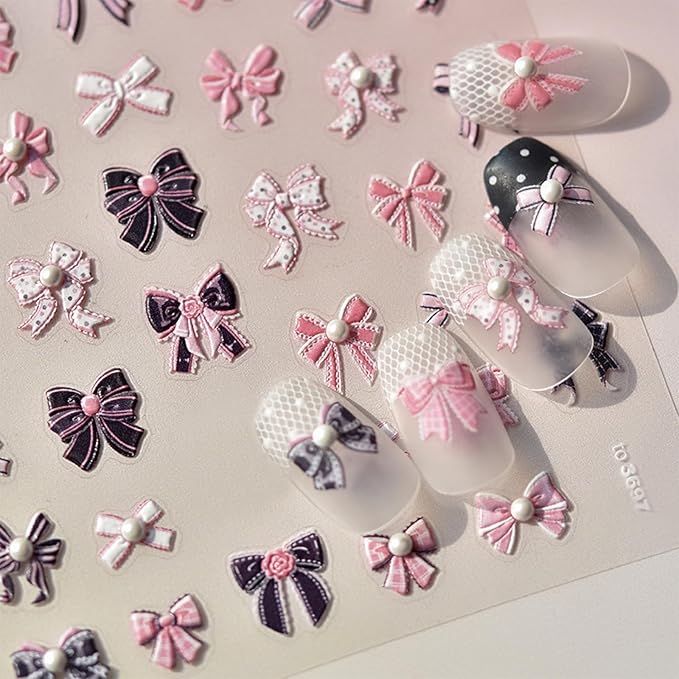 Pink Embossed Bow Nail Art Sticker 5D Cute Rhinestone Bow Elegant Pearl Design Women DIY Nail Art Decorationn