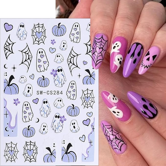 8 Sheets Halloween Nail Art Stickers Decals Cute Ghost Pumpkin Black Cat Bat Spider Web Design Nail Stickers Supply 3D Self-Adhesive Nail Decals for Halloween Party Nails Decoration DIY Manicure Tips