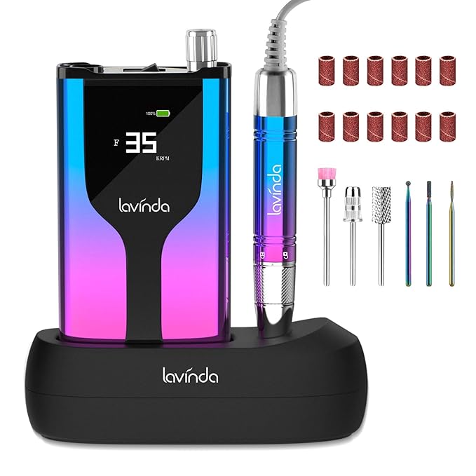 Lavinda Professional Rechargeable Nail Drill Machine, Cordless 35,000RPM Skyspace Brushless Nail Drill, Portable Electrical Nail File for Acrylic Nails with Protective Case, Gradient Blue & Purple