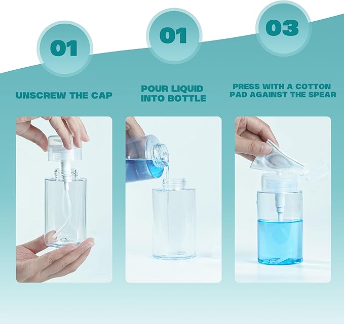 3 Pack Push Down Pump Dispenser,Clear Push Top Empty Bottles with DIY Stickers for Alcohol,Nail Polish,Makeup Remover,Toner (200ml)