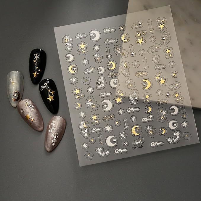 Star Crystal Diamond Nail Stickers, Rhinestones Gold Stars and Moons Nail Design,Cute Star Adhesive Stickers Art Supplies Craft French Manicure Decorations and Decal for Women