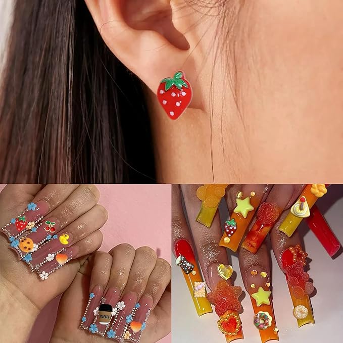 Mixed Colours Flower Nail Charms, Cute Strawberr Candy Star Heart Bow Charms for Nails, Alloy Cherry Gold Bead White Pearl Nail Art Designs for Nail Decorate DIY Craft Body Face Craft and Salon Use