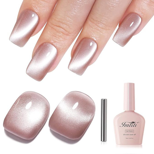 Imtiti Nude Cat Eye Gel Nail Polish with Magnet, Holographic Glitter Shimmer Magnetic UV Gel Polish for Nail Art Soak off UV Led
