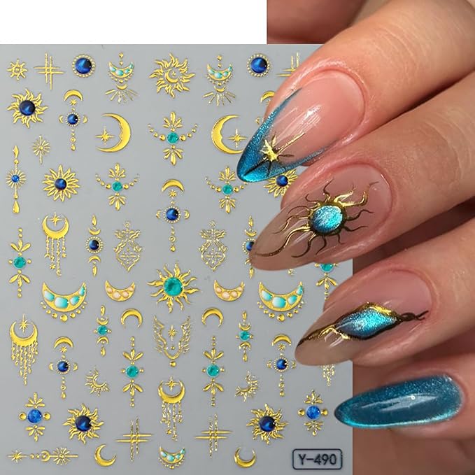 2Sheets Gold Silver Star Moon Nail Art Stickers 3D Gold Silver Sun Nail Decals with Blue Green Rhinestone Designs Nail Stickers for Acrylic Nails Self-Adhesive Gem Sun Nail Decal for Women Nails Decor