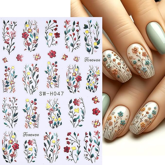 Flower Nail Stickers for Nail Art 3D Self-Adhesive Lily Hibiscus Tulip Flowers Nail Stickers Fall Floral Nail Decals Supplies for Women DIY Manicure Supplies Accessories 4 Sheets