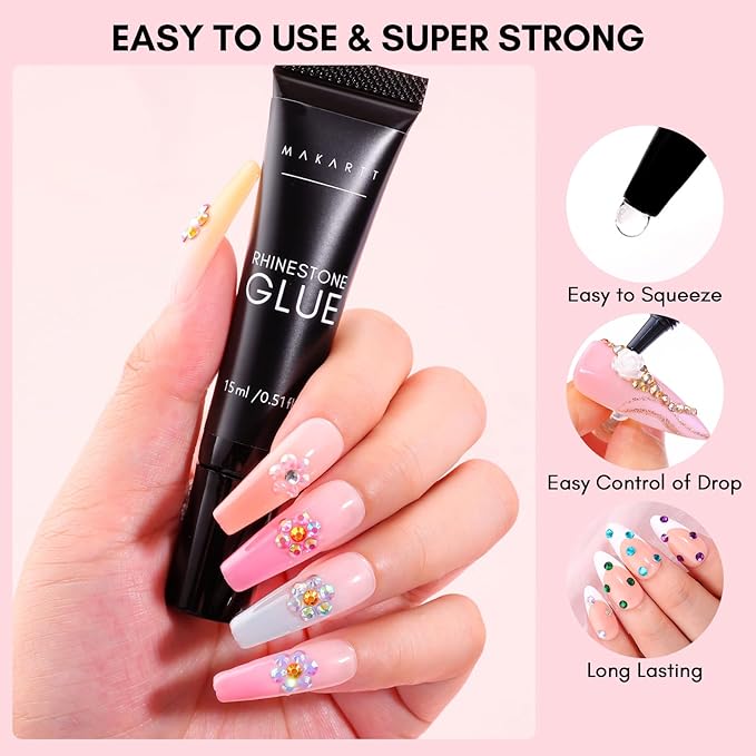 Makartt Nail Rhinestone Glue Kit: 15ml Strong Gems Adhesive Gel with 3360pcs 24 Colors Flatback Crystals Rhinestones for 3D Nails Art, Includes Tweezer, Home & Salon Manicure Kit