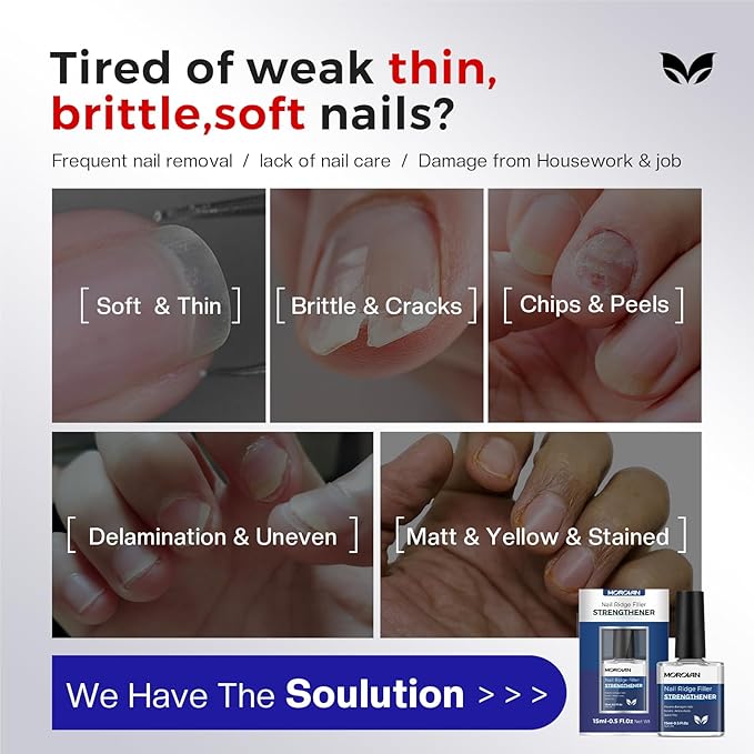 Morovan Nail Strengthener and Growth: Clear Nail Polish Hardener for Damaged Nails Treatment Natural Keratin Repair Ridge Filler Prevents Discoloration Crack Thin Essential Manicure Nail Care Women