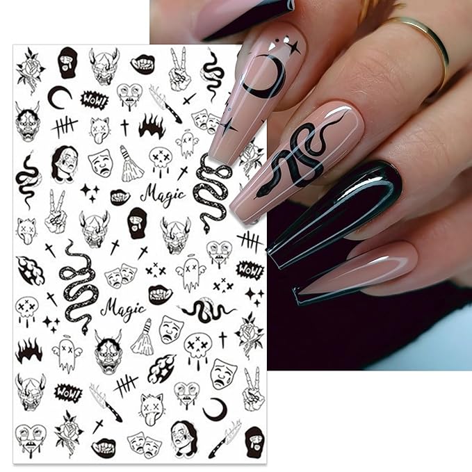 Gothic Nail Art Stickers - Halloween Black Snake Skull Fire Self-Adhesive 3D Nail Decals for DIY Punk Horror Manicure (5 Sheets)