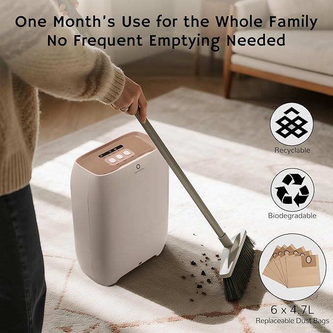 AIRTHEREAL T1 Plus Touchless Vacuum Automatic Dustpan with 6-Pack Disposable 4.7L Dust Bags, 3 Suction Modes, HEPA Filter, Ideal for Pet Owners, 20Kpa 1500 Watt Powerful Suction for Kitchen, Salon