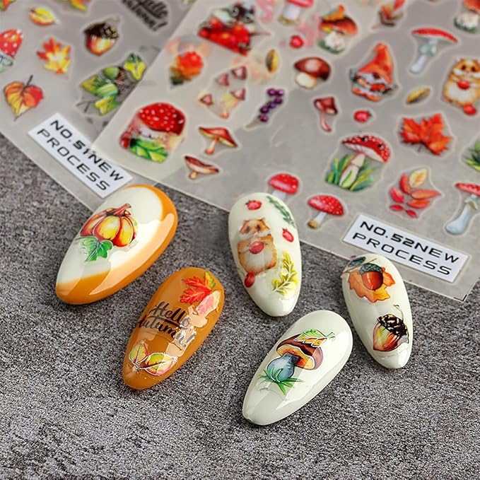 6 Sheets Fall Nail Art Stickers 3D Maple Leaf Nail Decals Autumn Gold Yellow Leaves Mushroom Squirrel Self-Adhesive Nail Designs Thanksgiving Nail Stickers for Women Girls Acrylic Manicure DIY Decor