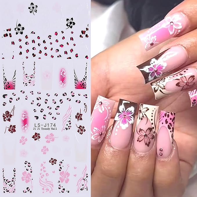 4Sheets Leopard Print French Tip Nail Art Stickers 3D Hibiscus Flower Nail Decals Self-Adhesive Leopard Print Nail Stickers with Glitter Design Lips Heart Sticker for Women Nails Decor