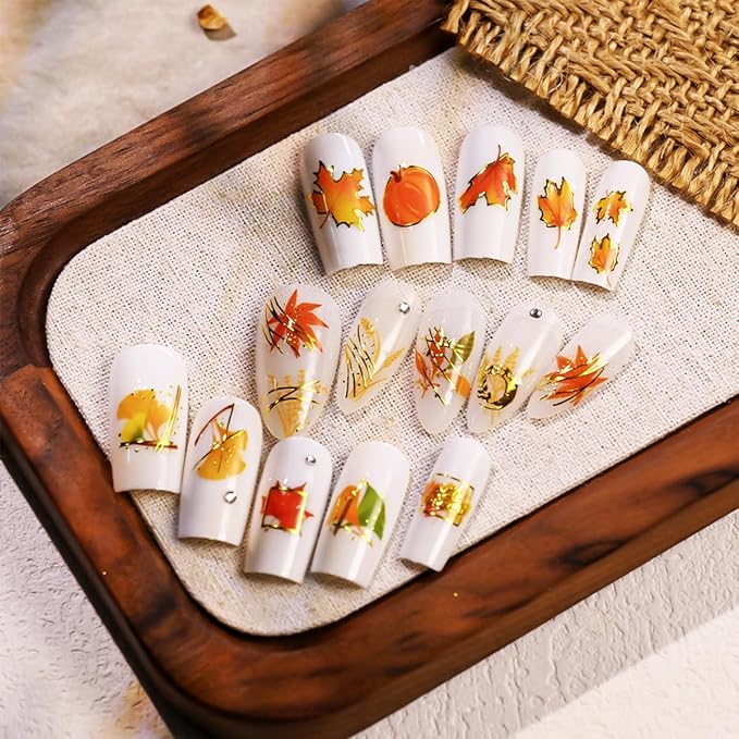 6 Sheets Fall Nail Art Stickers Autumn Maple Leaf Nail Stickers Thanksgiving Pumpkins Maple Leafs Nail Decorations Self-Adhesive 3D Gold Line Nail Design Sticker for Women DIY Manicure Supplies