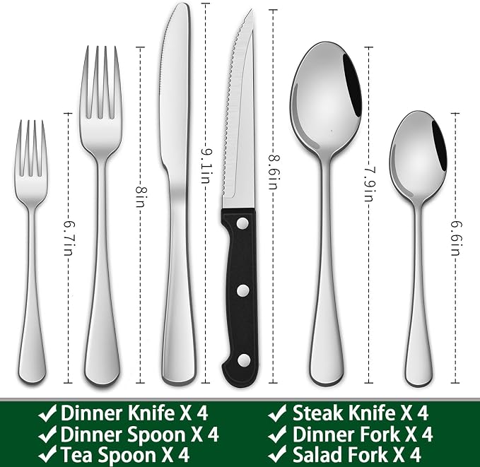 24-Piece Silverware Set with Steak Knives, Flatware Set Service - Image 2