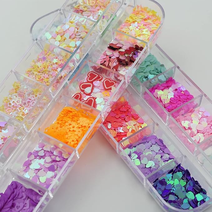 AddFavor 4 Boxes Holographic Nail Glitter Mixed Iridescent Glitters Sequin Flakes Heart Letter Lovely DIY Design Manicure Nail Art Decorations Sets for Nail Art/Craft/Makeup