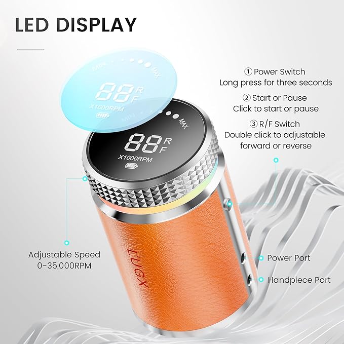 L'UGX Professional Nail Drill, Waterproof 35000RPM Brushless Nail Drill Machine, Rechargeable Nail Efile for Acrylic Gel Nails, Low Noise and Low Vibration