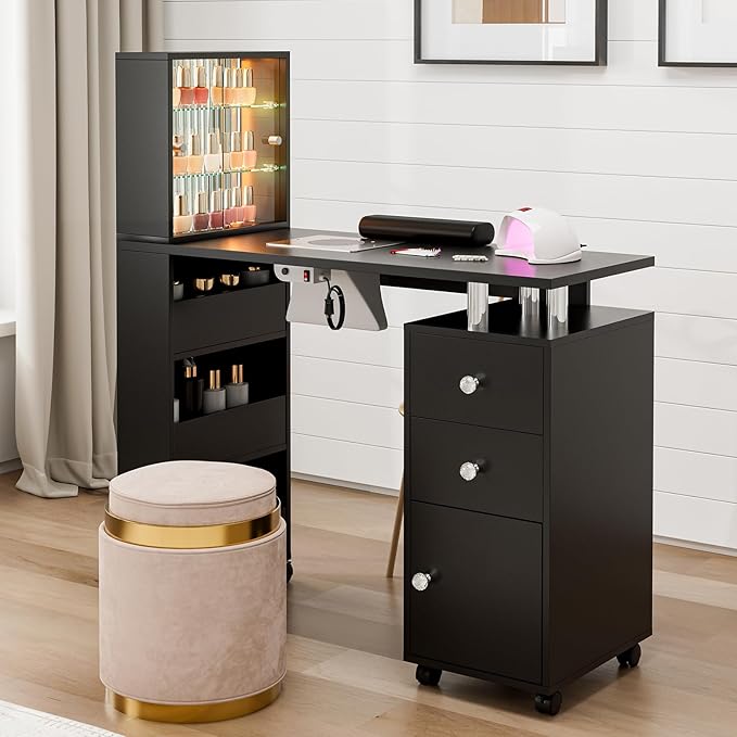 Paddie Manicure Table Nail Table with LED Light, Glass Shelf Door Nail Desk with Dust Collector & Wrist Cushion, Nail Salon Station with 2 Drawers & Cabinet for Technician Workstation(Black-New)