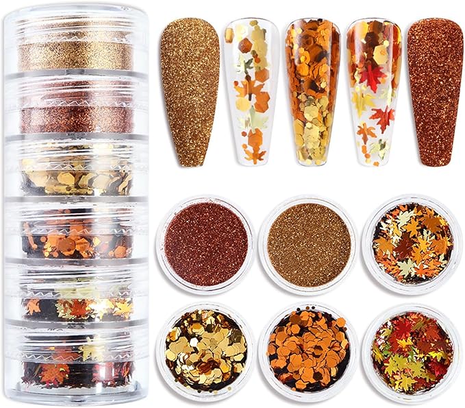 6-Grids Fall Maple Leaf Nail Art Glitter Sequins 3D Holographic Gold Orange Leaf Flakes Thanksgiving Supplies for Acrylic Nails Autumn DIY Decorations