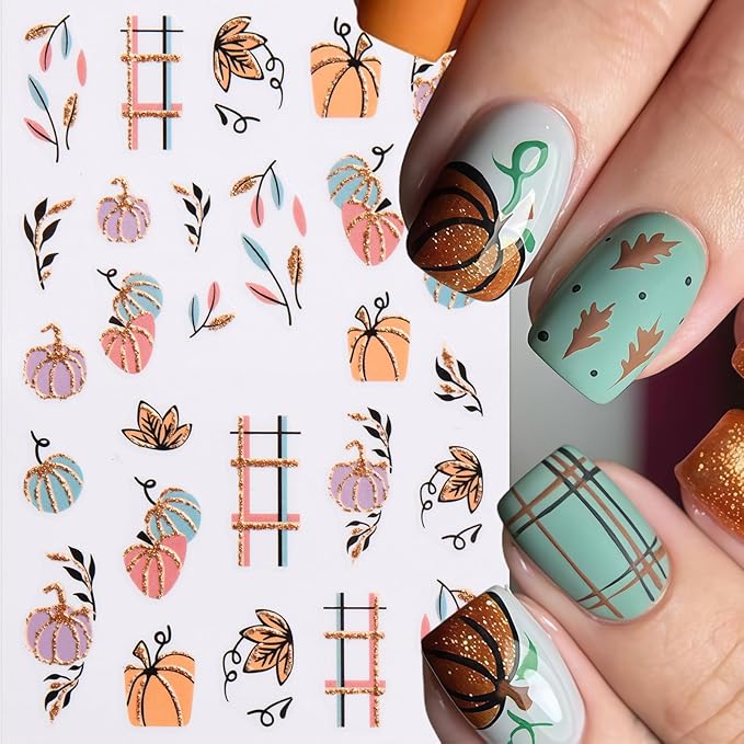 8 Sheets Fall Nail Art Stickers Autumn Maple Leaf Pumpkin Nail Sticker 3D Self-Adhesive Nail Decals Gold Glitter Plaid Pumpkin Nail Designs Thanksgiving Holiday DIY Manicure Decor Sticker for Women