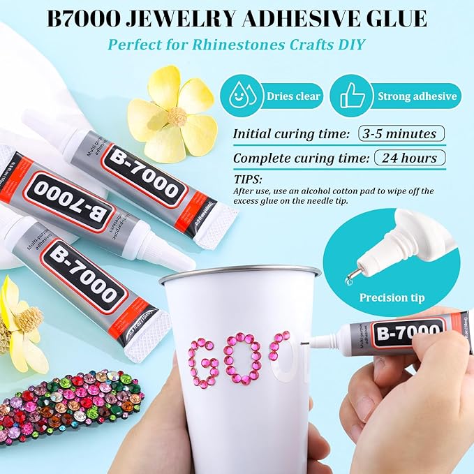 6100Pcs Resin Rhinestones for Crafting with 2Pcs 10ml B7000 Jewelry Glue, 1 Box Flatback Crystals Diamond (Hot Pink) for Bedazzling Crafts DIY Nail Art Non Hotfix Gems for Clothing Shoes
