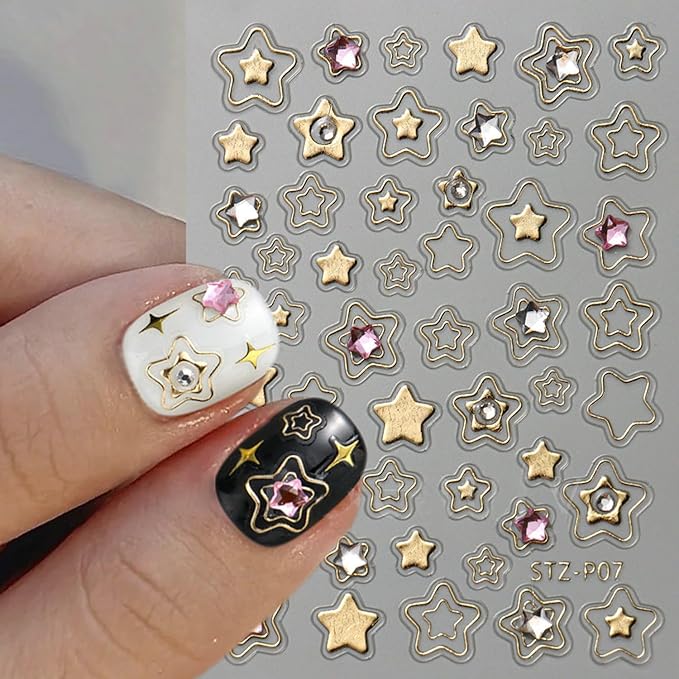 Heart Star Nail Art Stickers Decals, Gold Silver Nail Stickers,Shiny Hollow Love Stars with Diamond Nail Sticker 3D Kawaii DIY Crafts Acrylic Nails Decor for Women Nail Art Supplies 4PCS