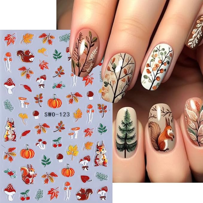 4Pcs Fall Nail Stickers 3D Pumpkin Maple Leaves Thanksgiving Nail Decals Orange Tree Nail Art Stickers 5d DIY Self Adhesive Nail Design Decoration
