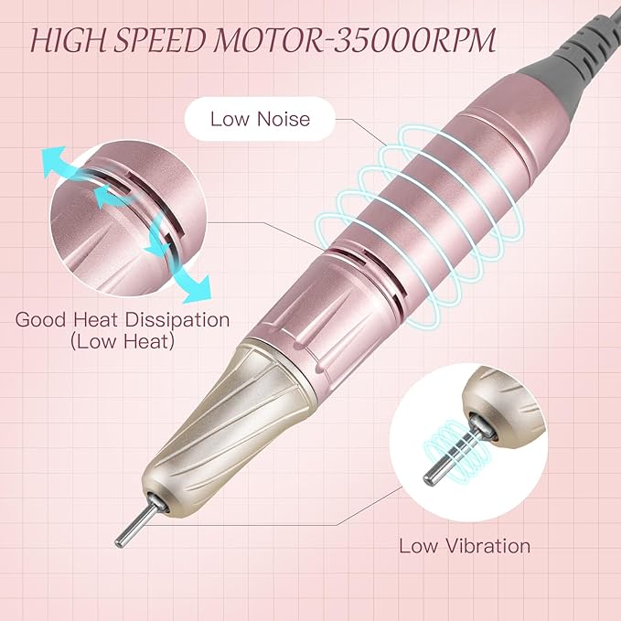 Madenia Portable Rechargeable Nail Drill Machine with LCD Screen, Professional Electric Nail File Efile for Acrylic Gel Nails Polishing Removing, Suitable for Salon Home Travel Manicure Use, Pink